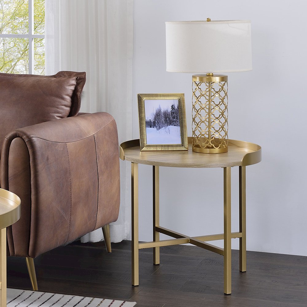 Mithea End Table Oak Table Top & Gold. Picture 1