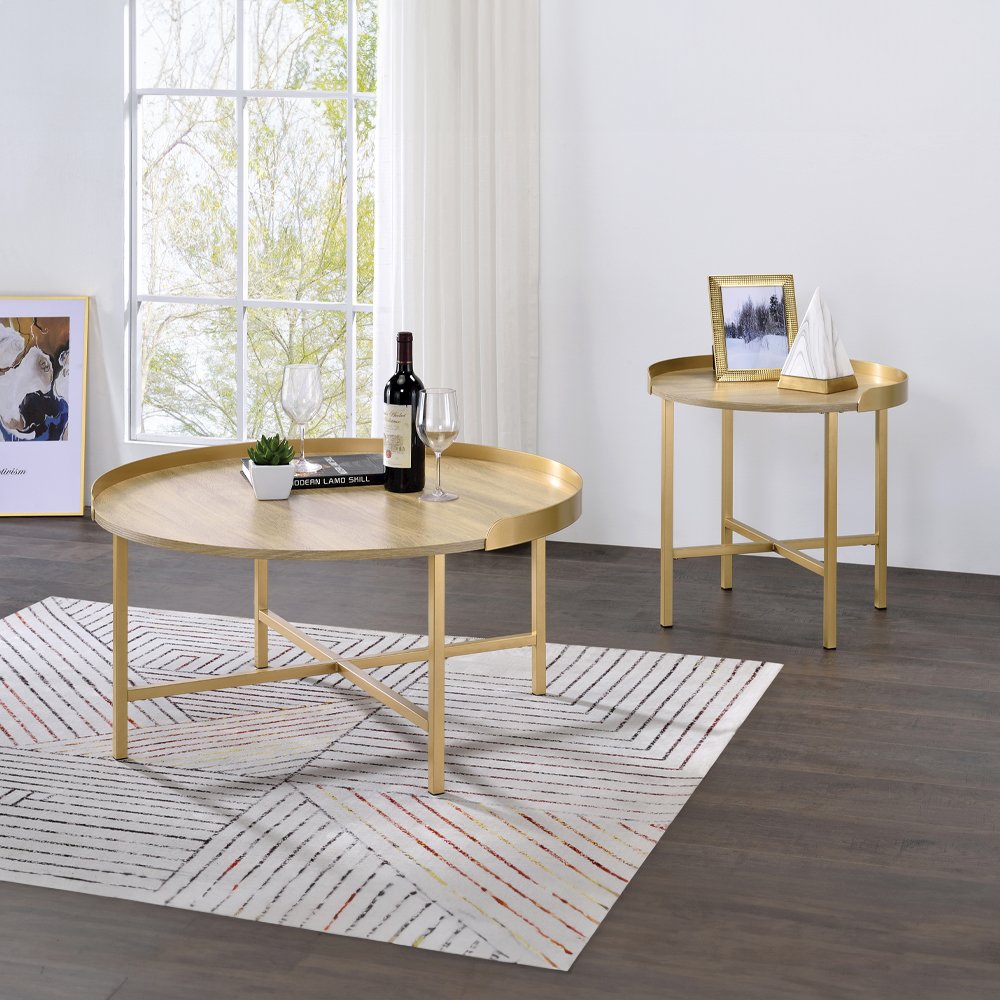 Mithea End Table Oak Table Top & Gold. Picture 5
