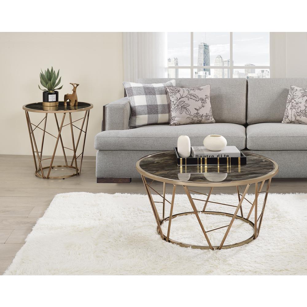 End Table, Faux Black Marble Glass & Champagne Finish 83302. Picture 2