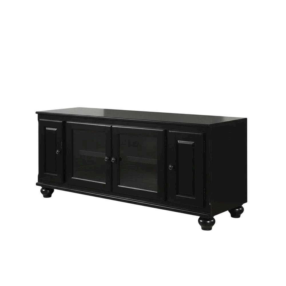 Black wood TV stand with spacious surface and modern design. Picture 1