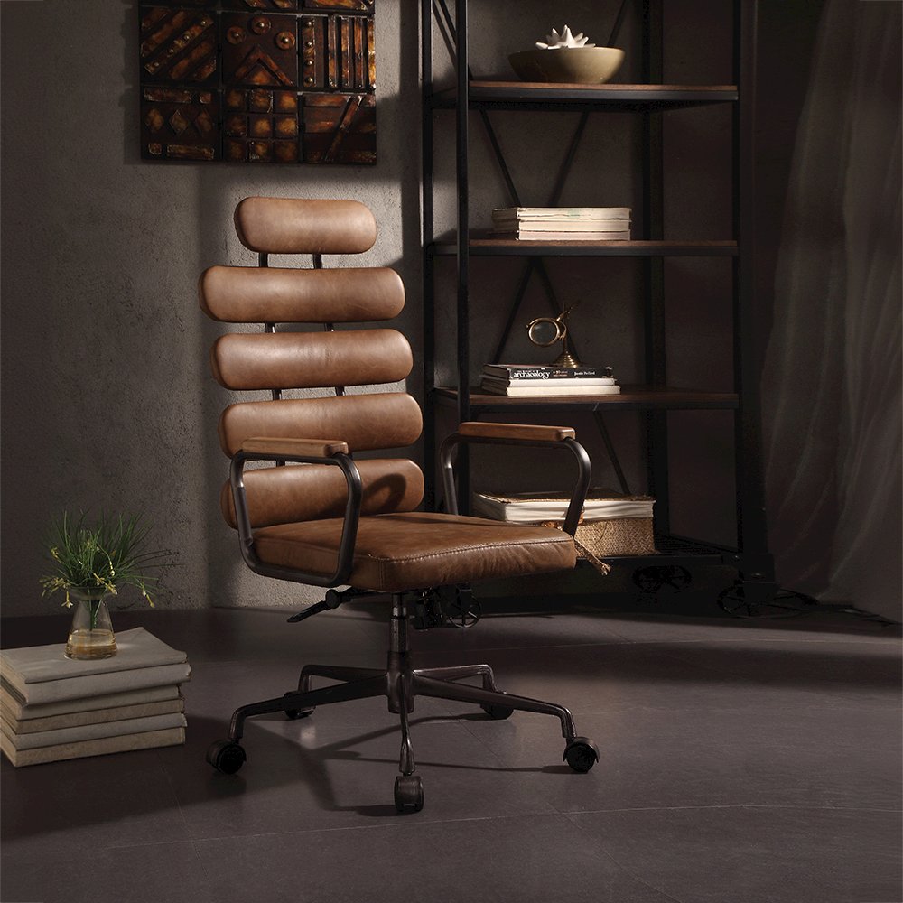 Calan Swivel Office Chair Retro Brown Top Grain Leather. Picture 1