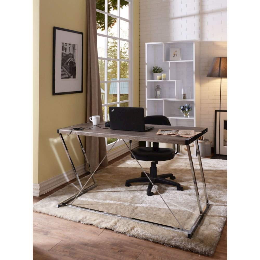 Finis Writing Desk w/USB Port Weathered Oak & Chrome. Picture 5