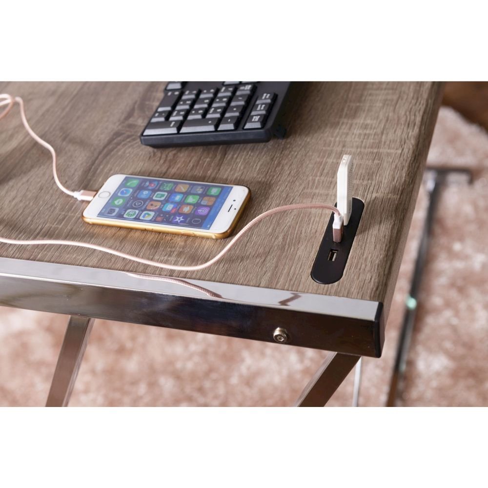 Finis Writing Desk w/USB Port Weathered Oak & Chrome. Picture 6