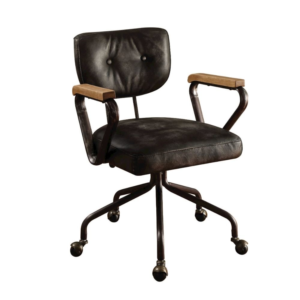 Hallie Swivel Office Chair Vintage Black Top Grain Leather. Picture 1