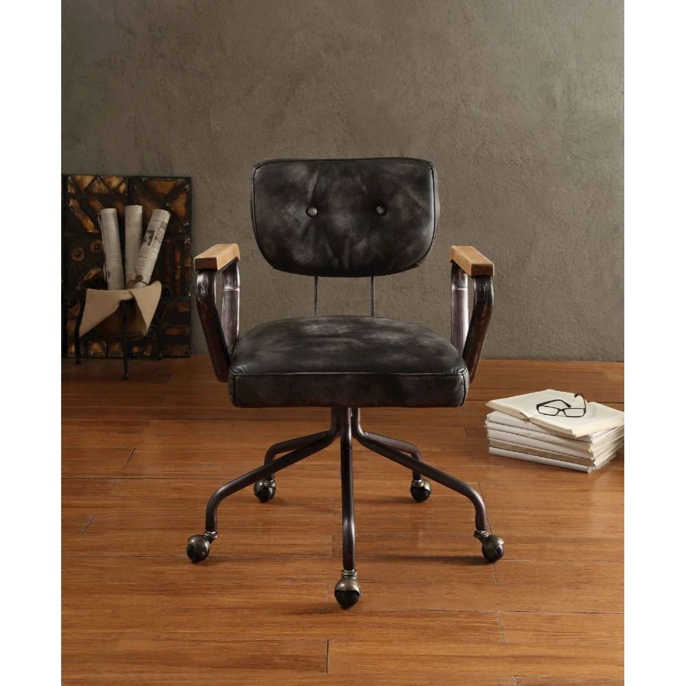 Hallie Swivel Office Chair Vintage Black Top Grain Leather. Picture 2