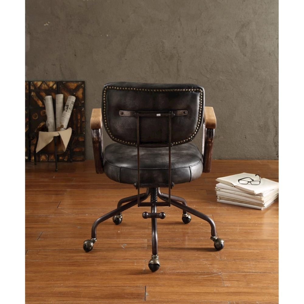Hallie Swivel Office Chair Vintage Black Top Grain Leather. Picture 3