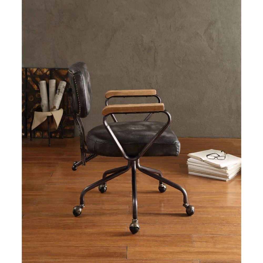 Hallie Swivel Office Chair Vintage Black Top Grain Leather. Picture 4
