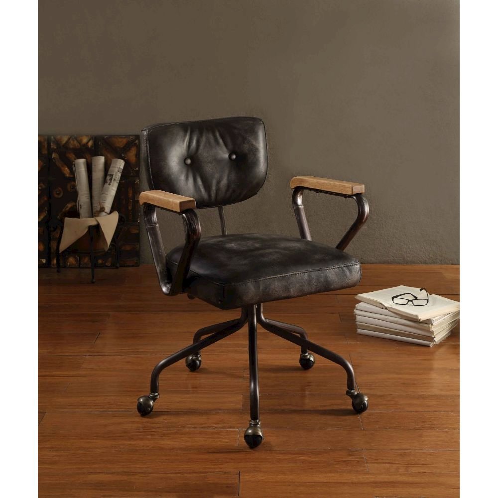 Hallie Swivel Office Chair Vintage Black Top Grain Leather. Picture 5