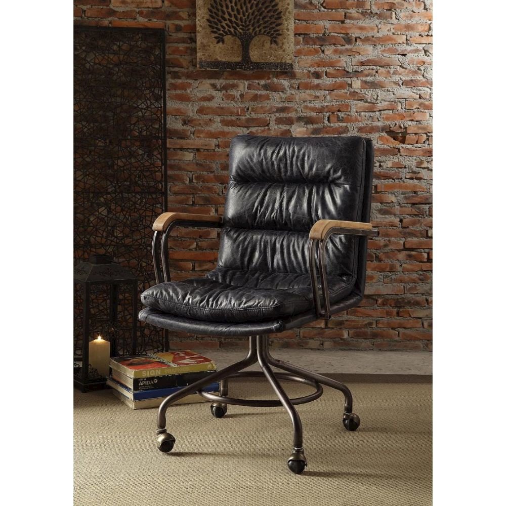 Harith Swivel Office Chair Vintage Blue Top Grain Leather. Picture 2