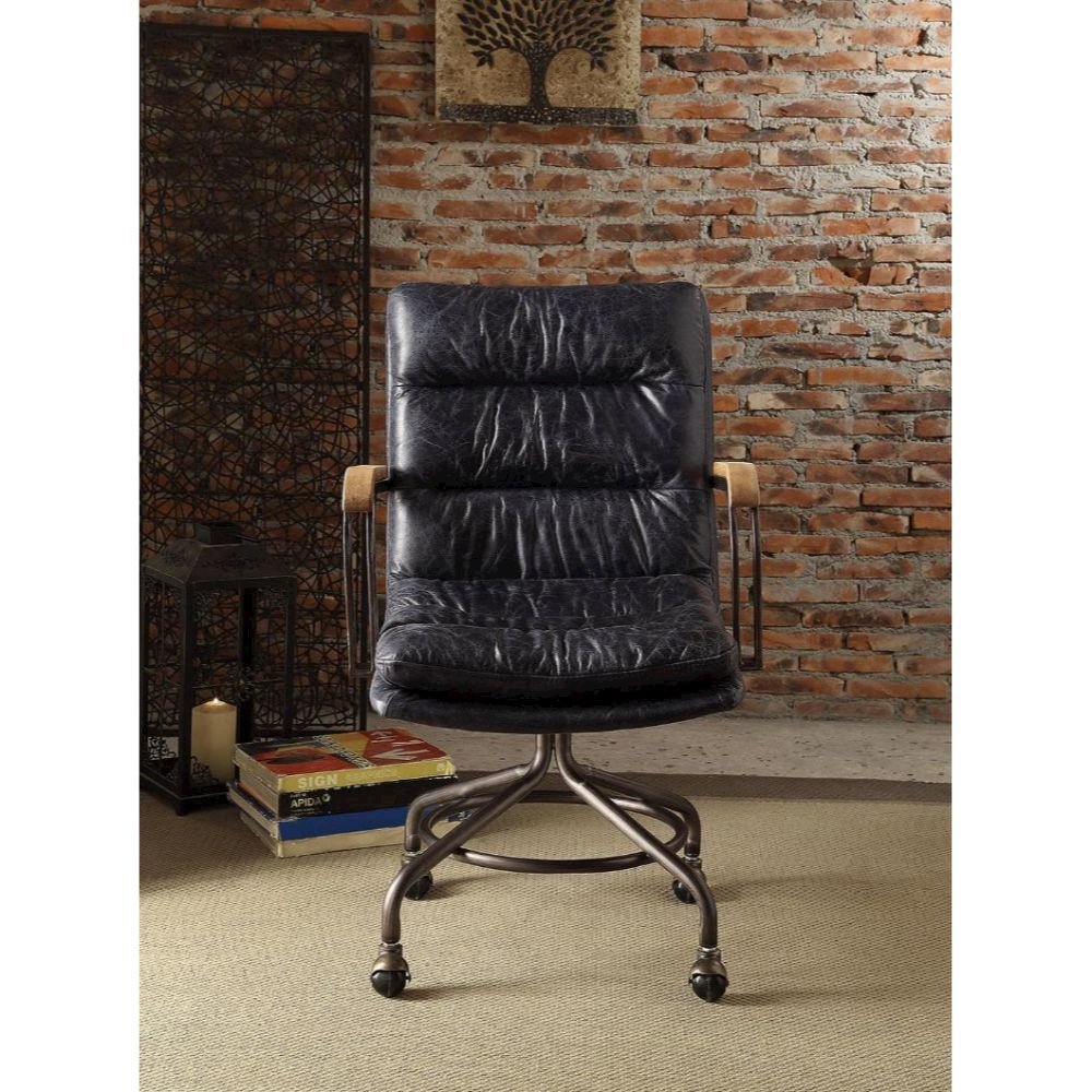Harith Swivel Office Chair Vintage Blue Top Grain Leather. Picture 3