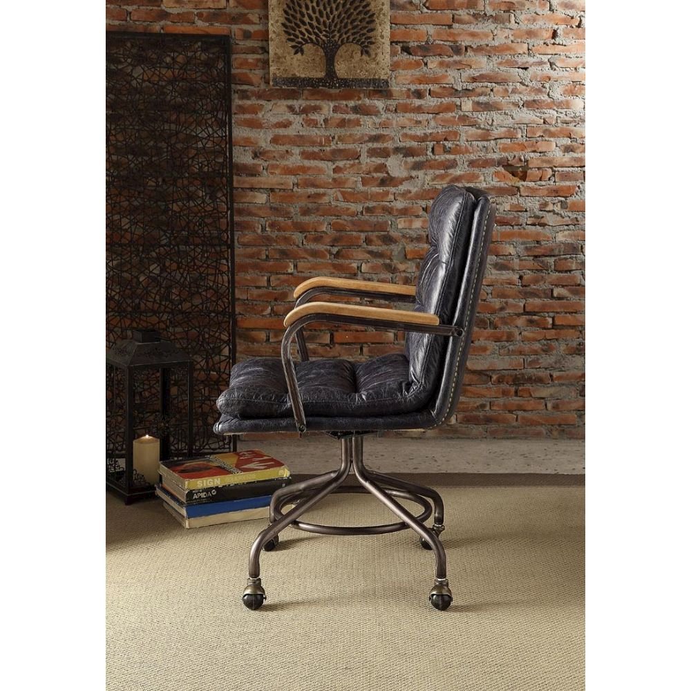 Harith Swivel Office Chair Vintage Blue Top Grain Leather. Picture 5