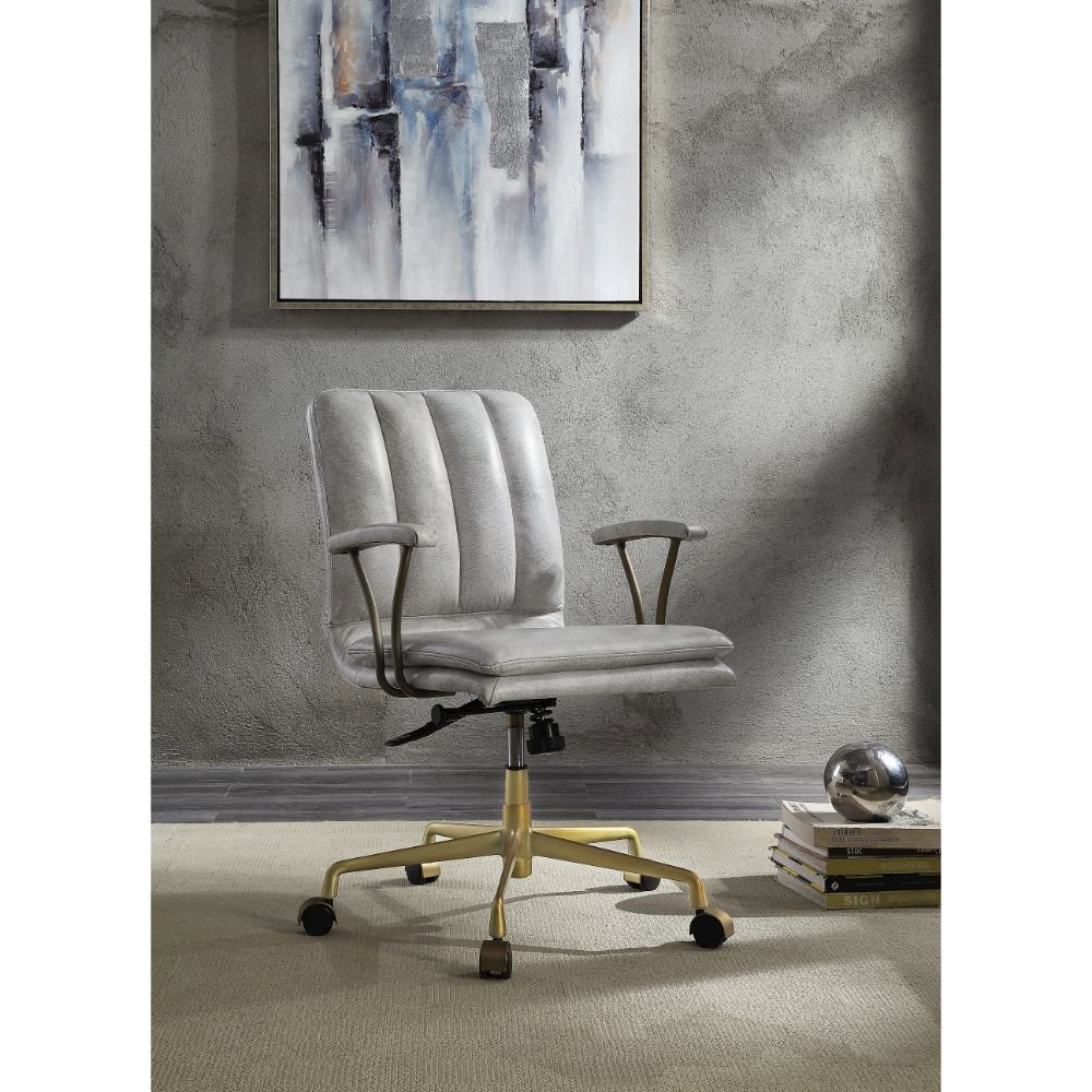Damir Swivel Office Chair Vintage White Top Grain Leather & Chrome. Picture 5
