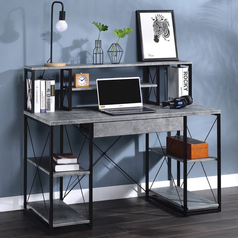 Amiel Writing Desk Faux Concrete & Black. Picture 1