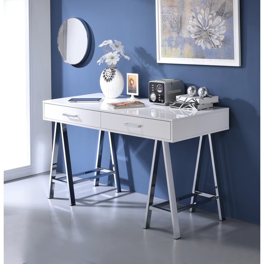 Coleen Writing Desk w/USB Port White High Gloss & Chrome. Picture 2