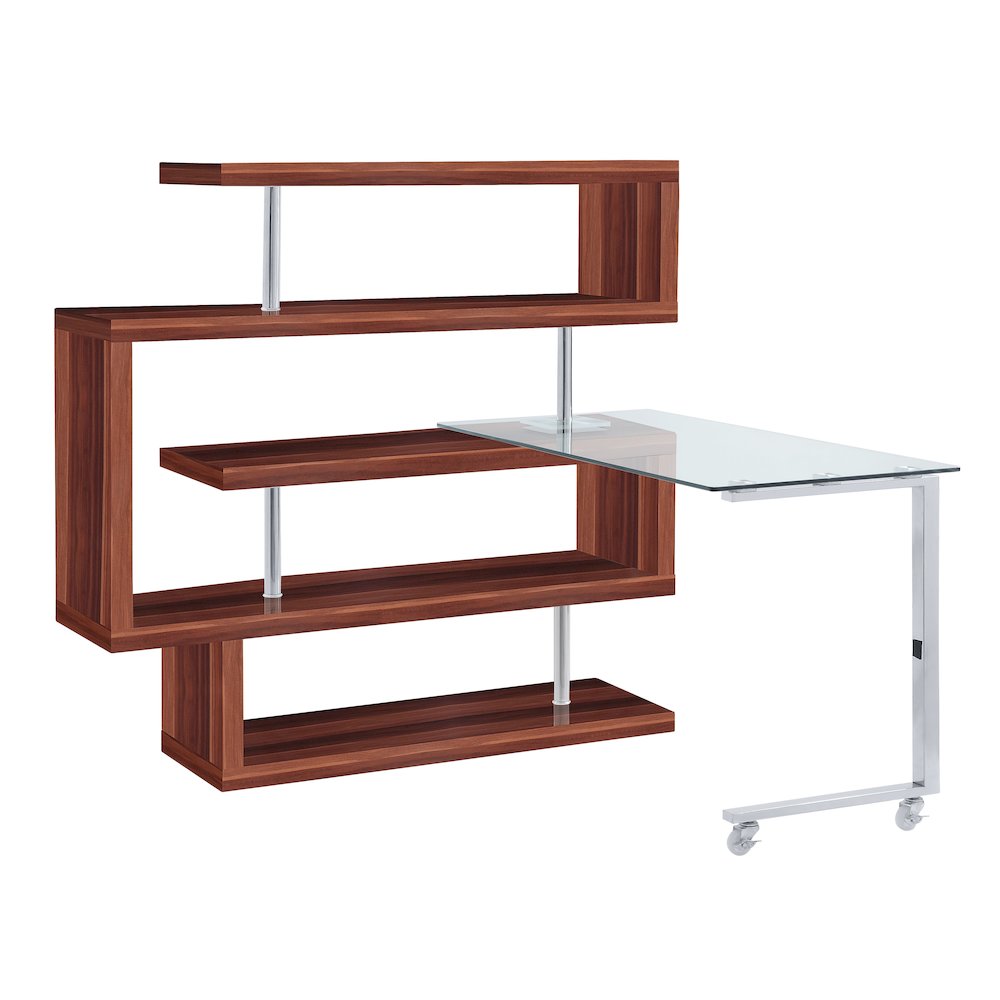 Buck II Writing Desk w/BookShelf Clear Glass, Chrome & Walnut High Gloss. Picture 1
