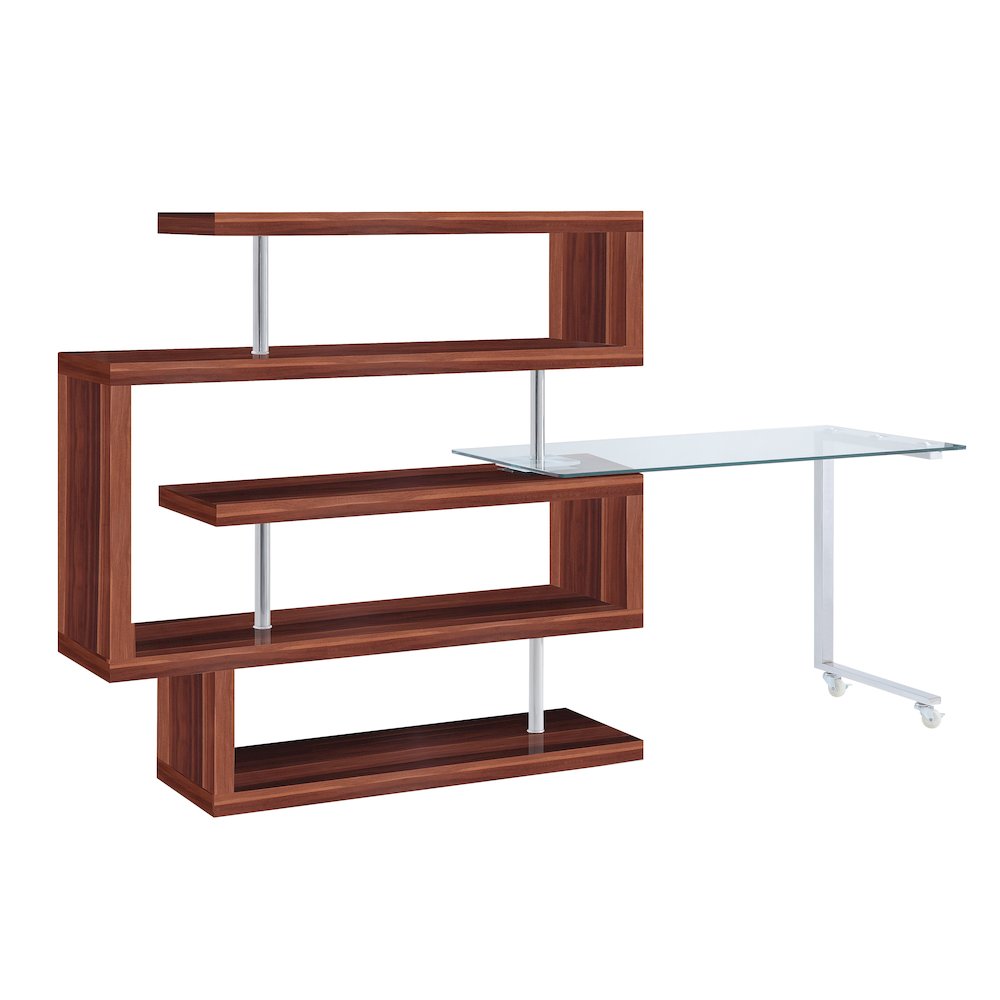Buck II Writing Desk w/BookShelf Clear Glass, Chrome & Walnut High Gloss. Picture 2