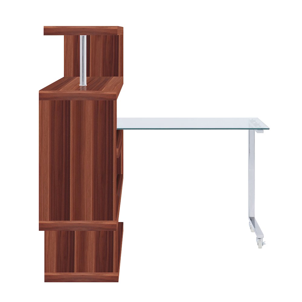 Buck II Writing Desk w/BookShelf Clear Glass, Chrome & Walnut High Gloss. Picture 3