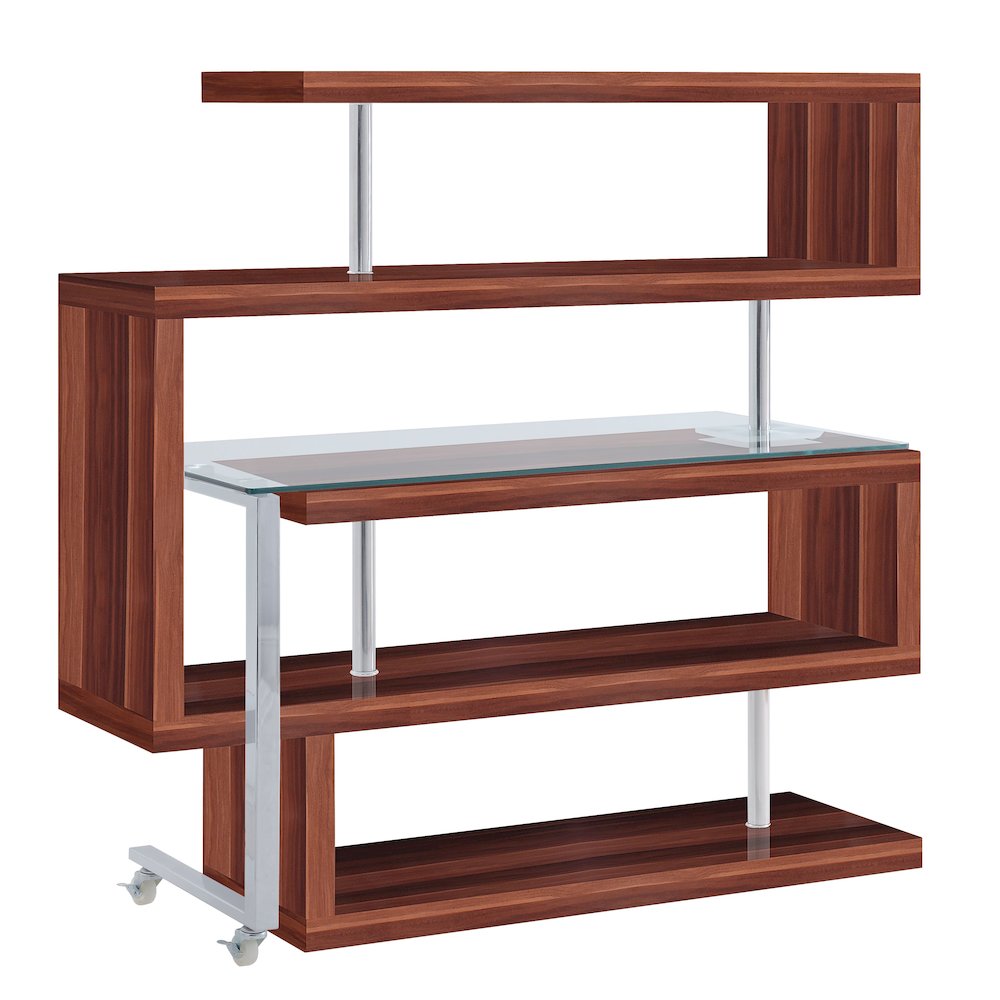 Buck II Writing Desk w/BookShelf Clear Glass, Chrome & Walnut High Gloss. Picture 4