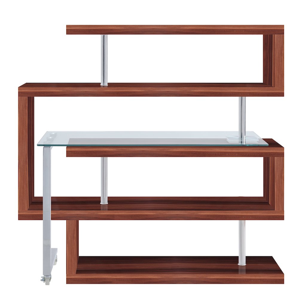 Buck II Writing Desk w/BookShelf Clear Glass, Chrome & Walnut High Gloss. Picture 5