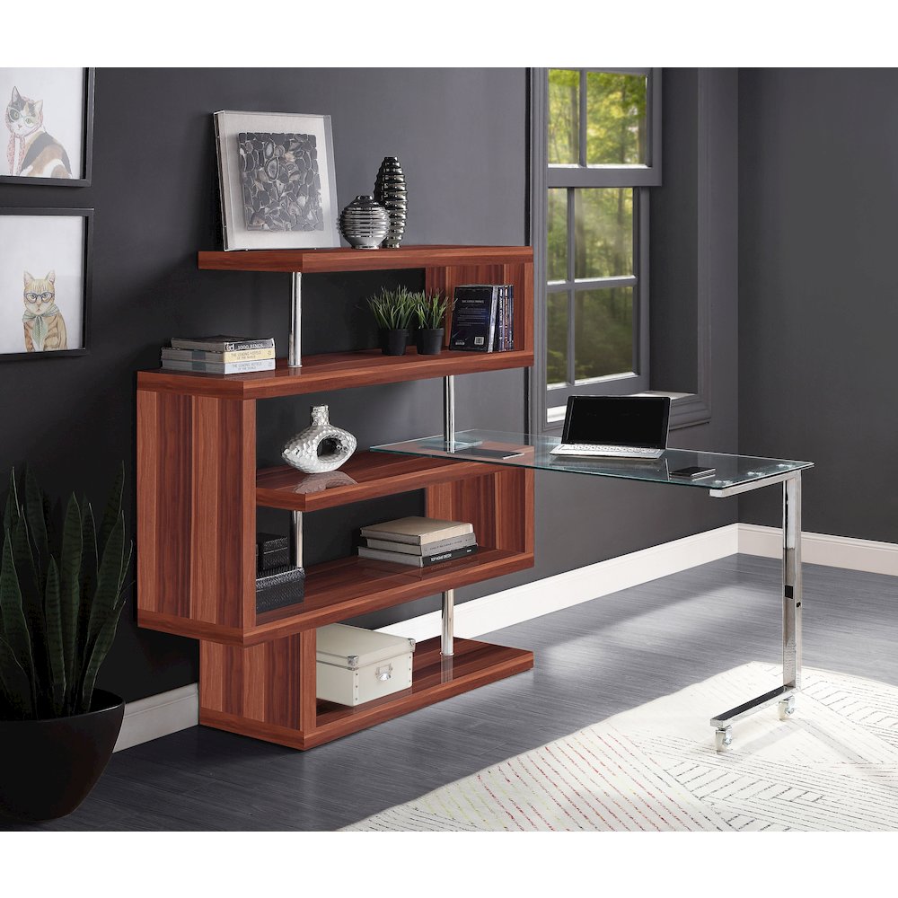 Buck II Writing Desk w/BookShelf Clear Glass, Chrome & Walnut High Gloss. Picture 6