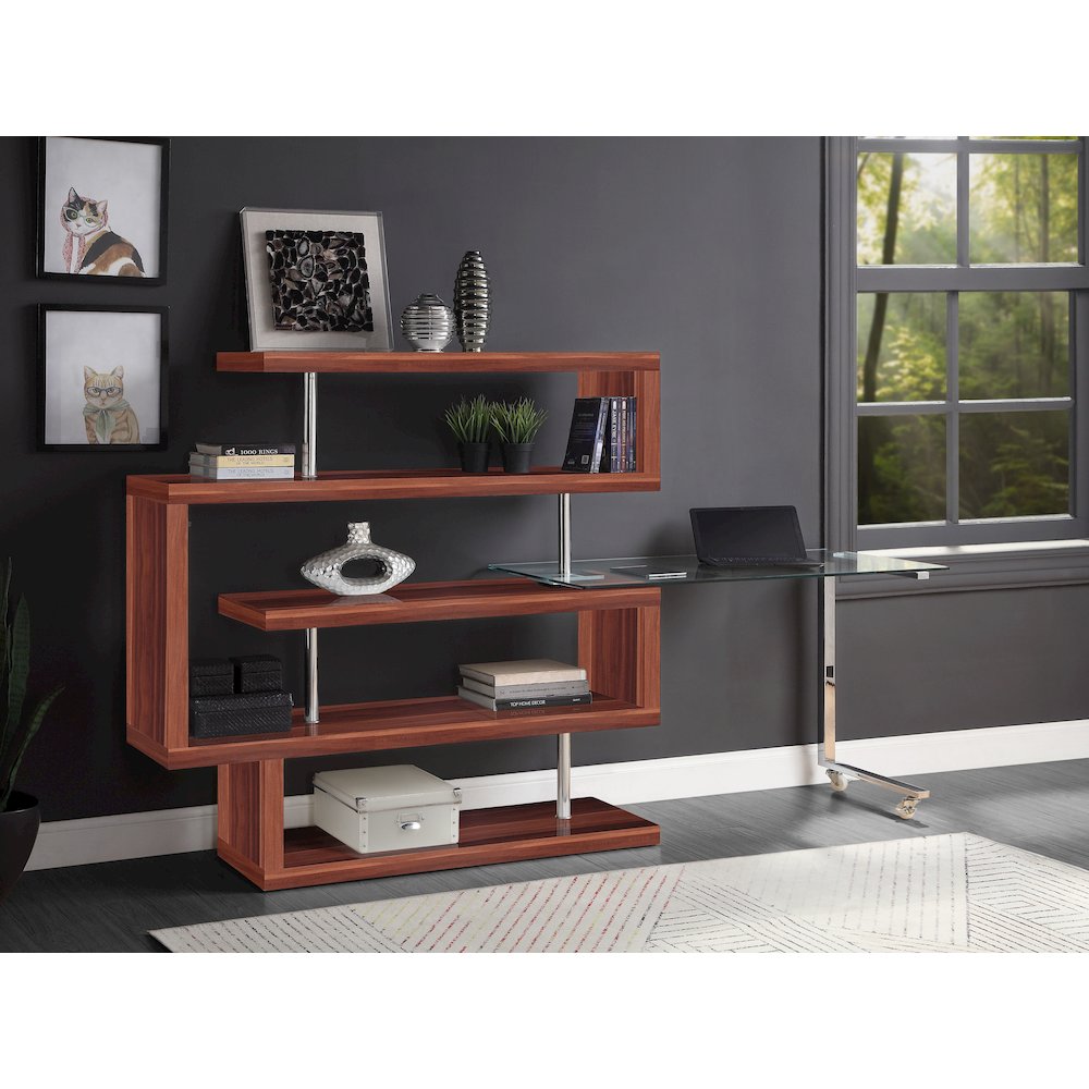 Buck II Writing Desk w/BookShelf Clear Glass, Chrome & Walnut High Gloss. Picture 7
