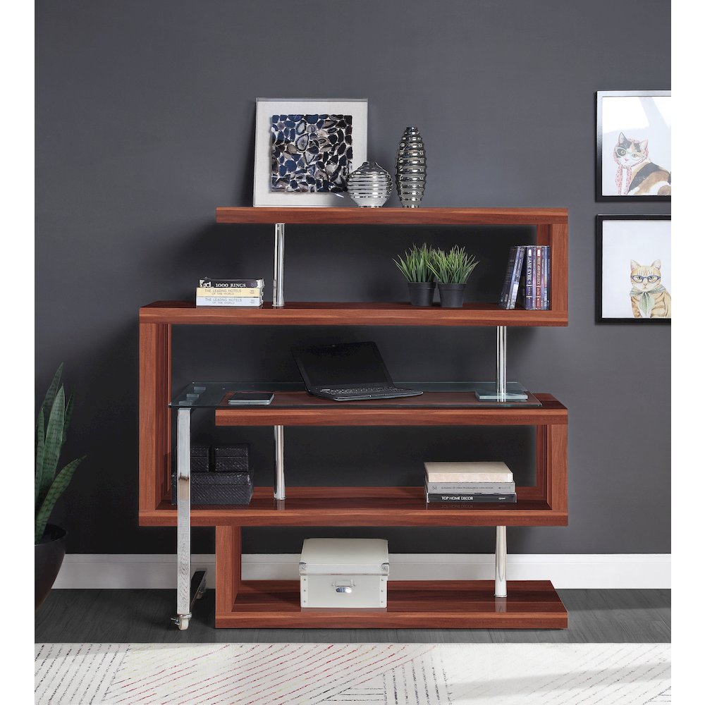 Buck II Writing Desk w/BookShelf Clear Glass, Chrome & Walnut High Gloss. Picture 8