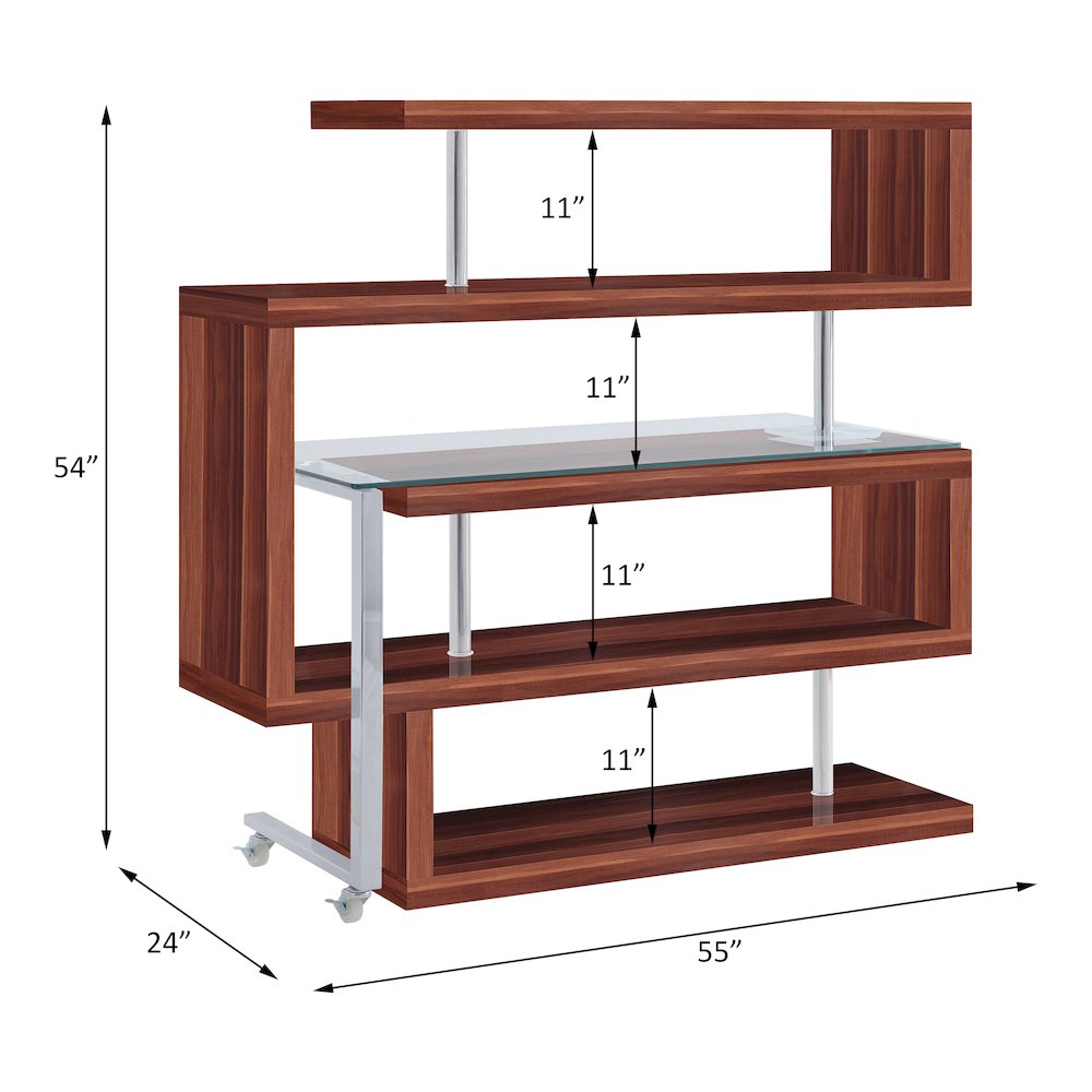 Buck II Writing Desk w/BookShelf Clear Glass, Chrome & Walnut High Gloss. Picture 9
