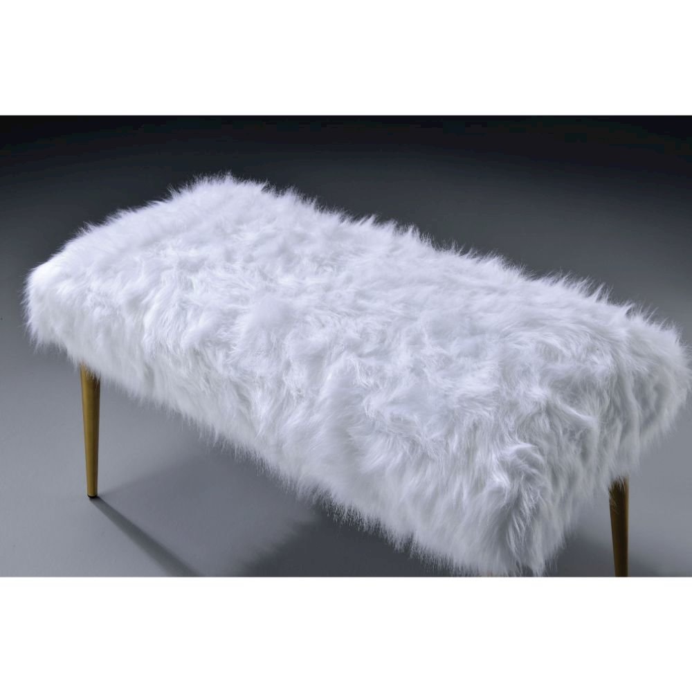 Bagley II Bench White Faux Fur & Gold. Picture 2