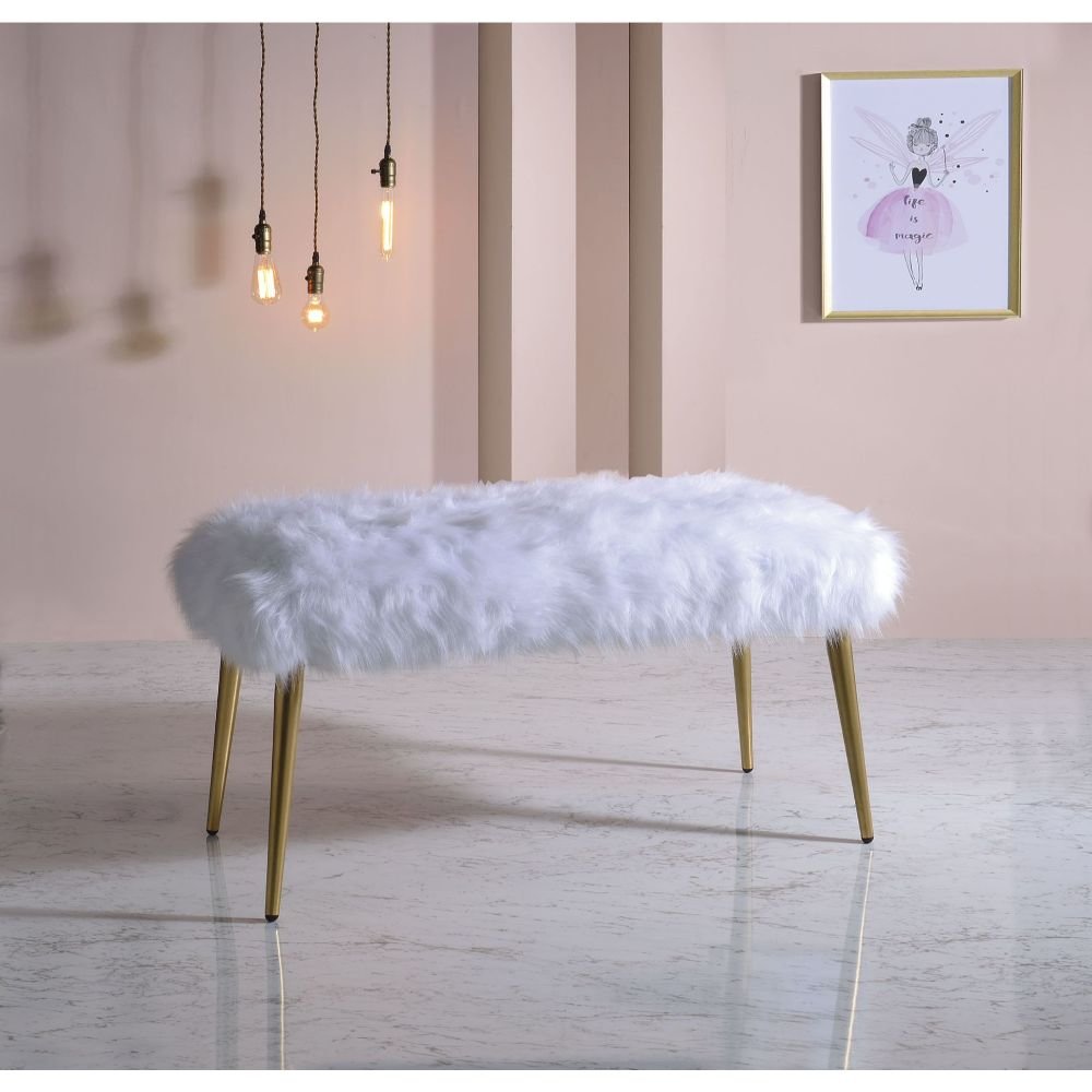 Bagley II Bench White Faux Fur & Gold. Picture 3