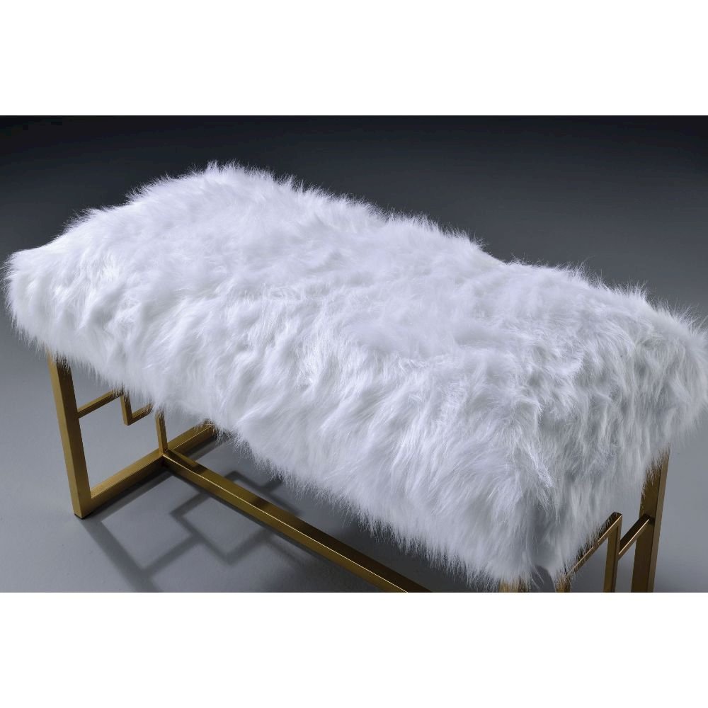 Bagley II Bench White Faux Fur & Gold. Picture 2