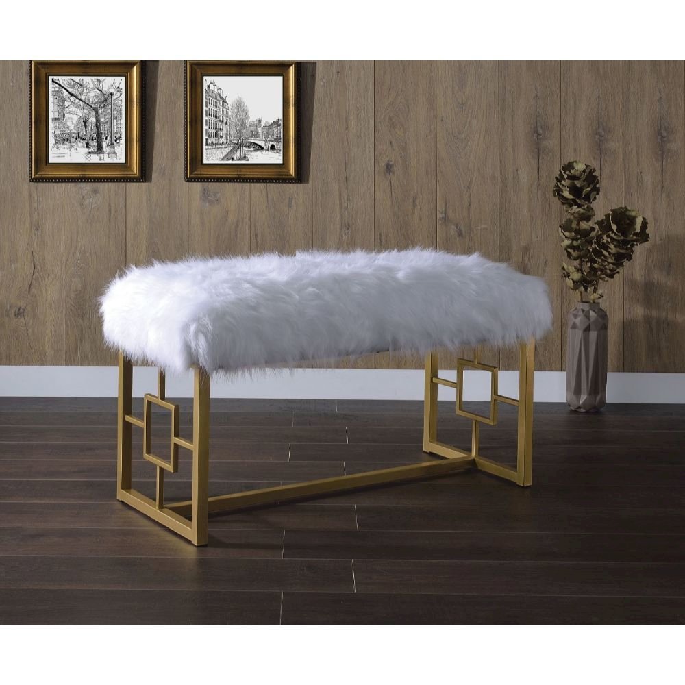 Bagley II Bench White Faux Fur & Gold. Picture 3