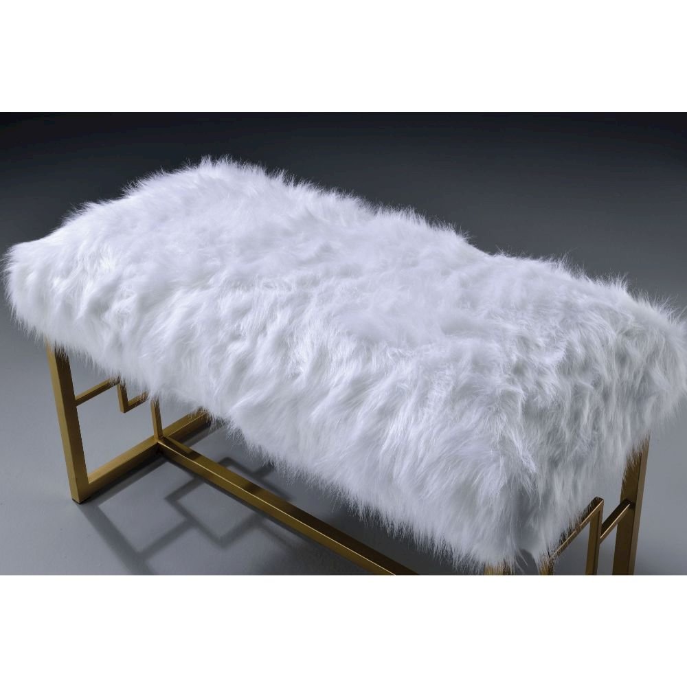 Bagley II Bench White Faux Fur & Gold. Picture 4