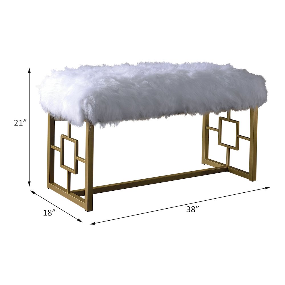 Bagley II Bench White Faux Fur & Gold. Picture 5