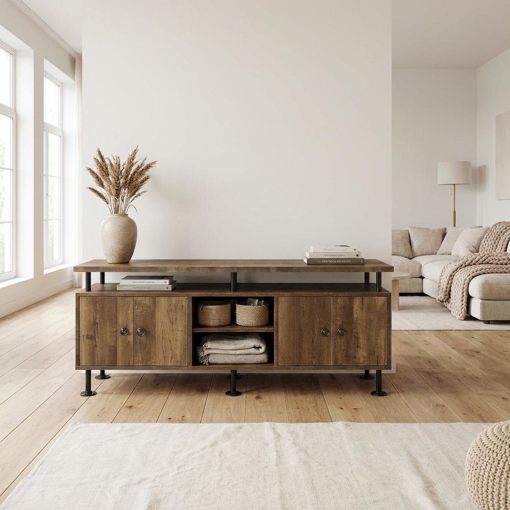 Rustic Oak, Black Finish TV Stand, Industrial Style, Multi-Color Design. Picture 3