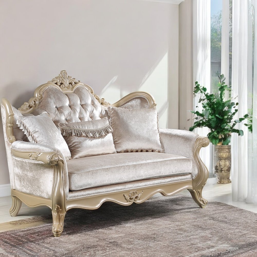 Libertee Loveseat w/3 Pillows in Beige Fabric & Champagne Finish. Picture 6