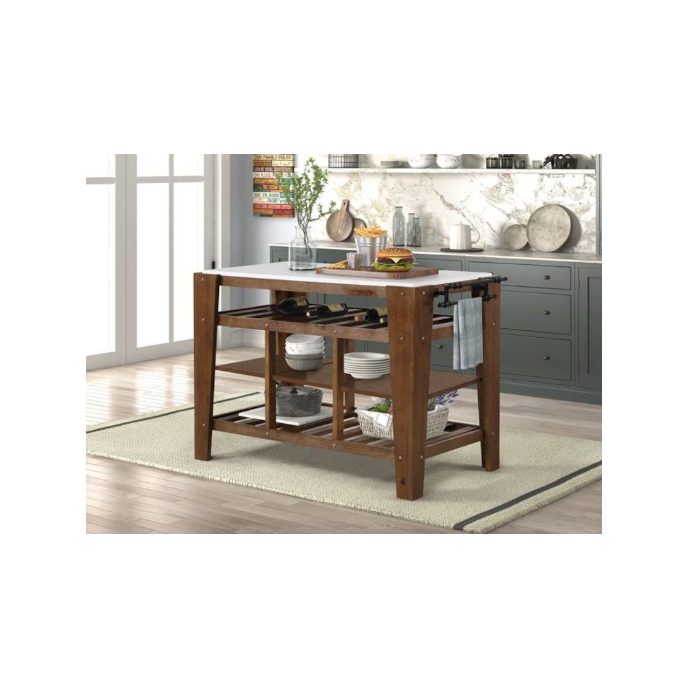 Alaroa Kitchen Island Natural Marble Top & Rustic Brown. Picture 1