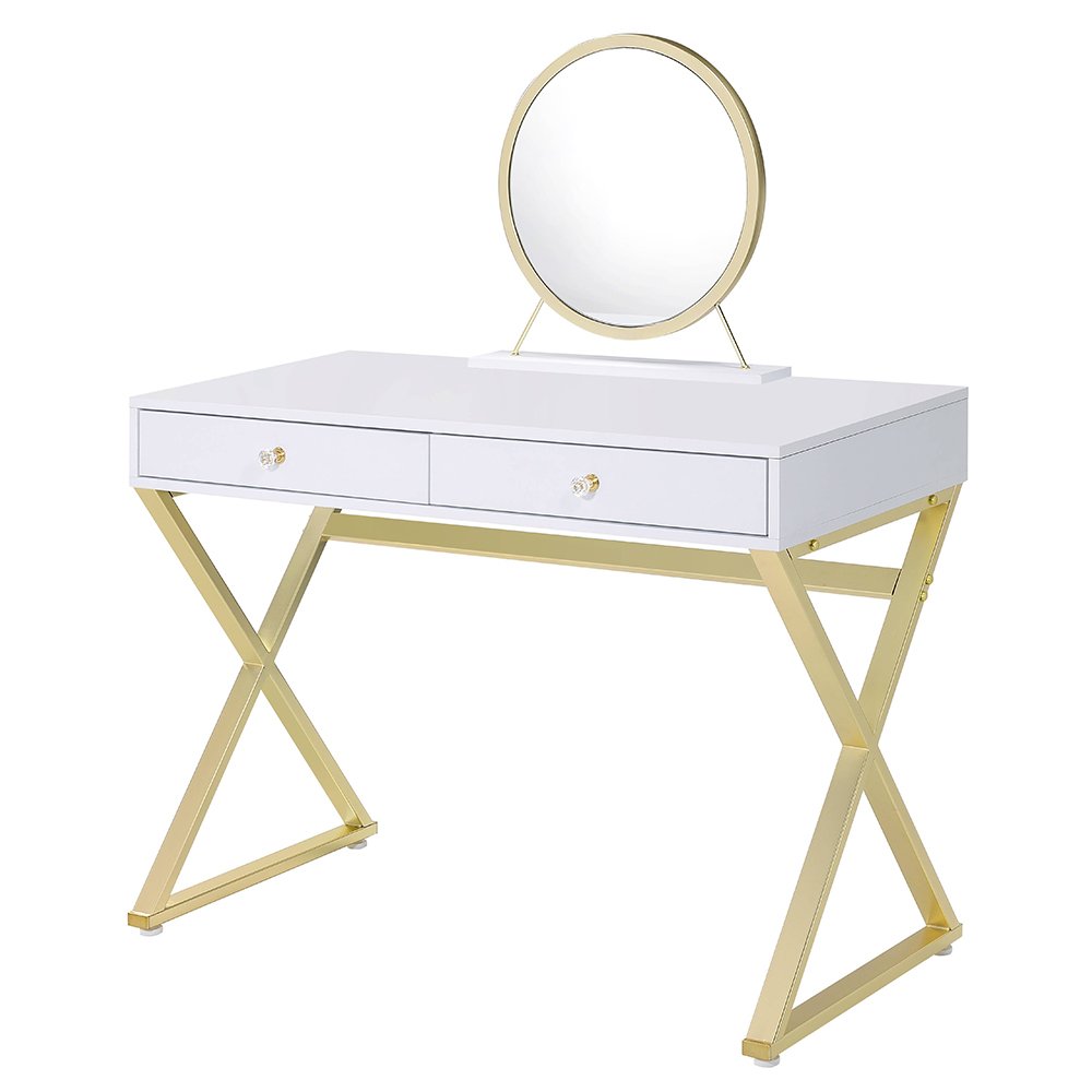 Coleen Vanity Desk w/Mirror & Jewelry Tray White & Gold. Picture 2