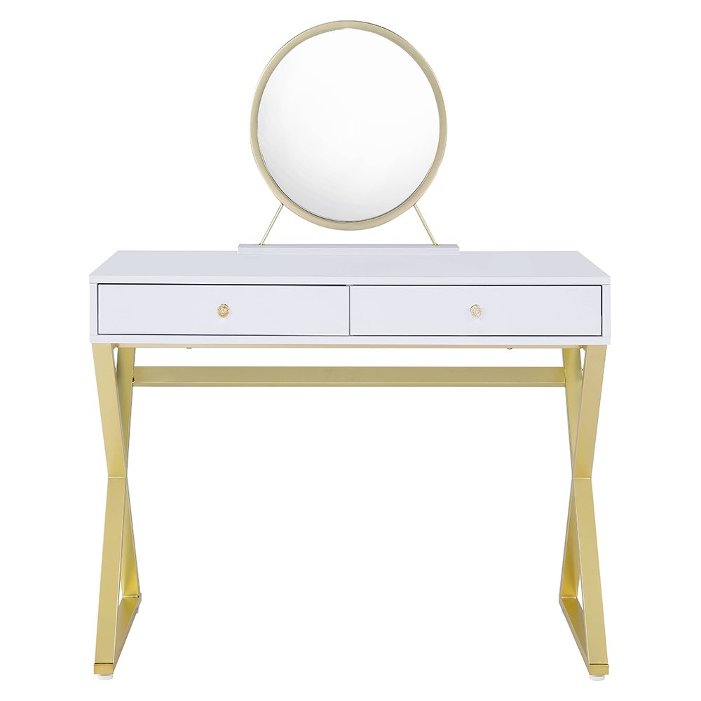 Coleen Vanity Desk w/Mirror & Jewelry Tray White & Gold. Picture 3