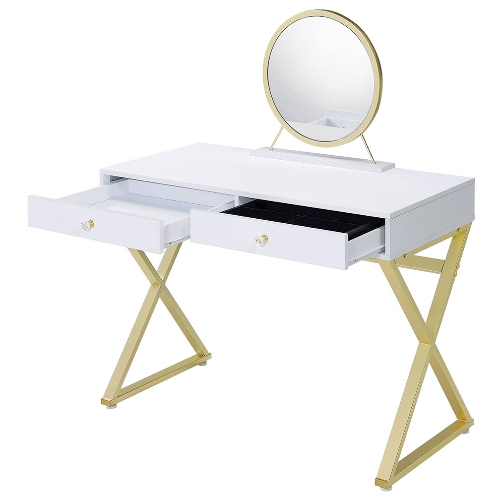 Coleen Vanity Desk w/Mirror & Jewelry Tray White & Gold. Picture 4