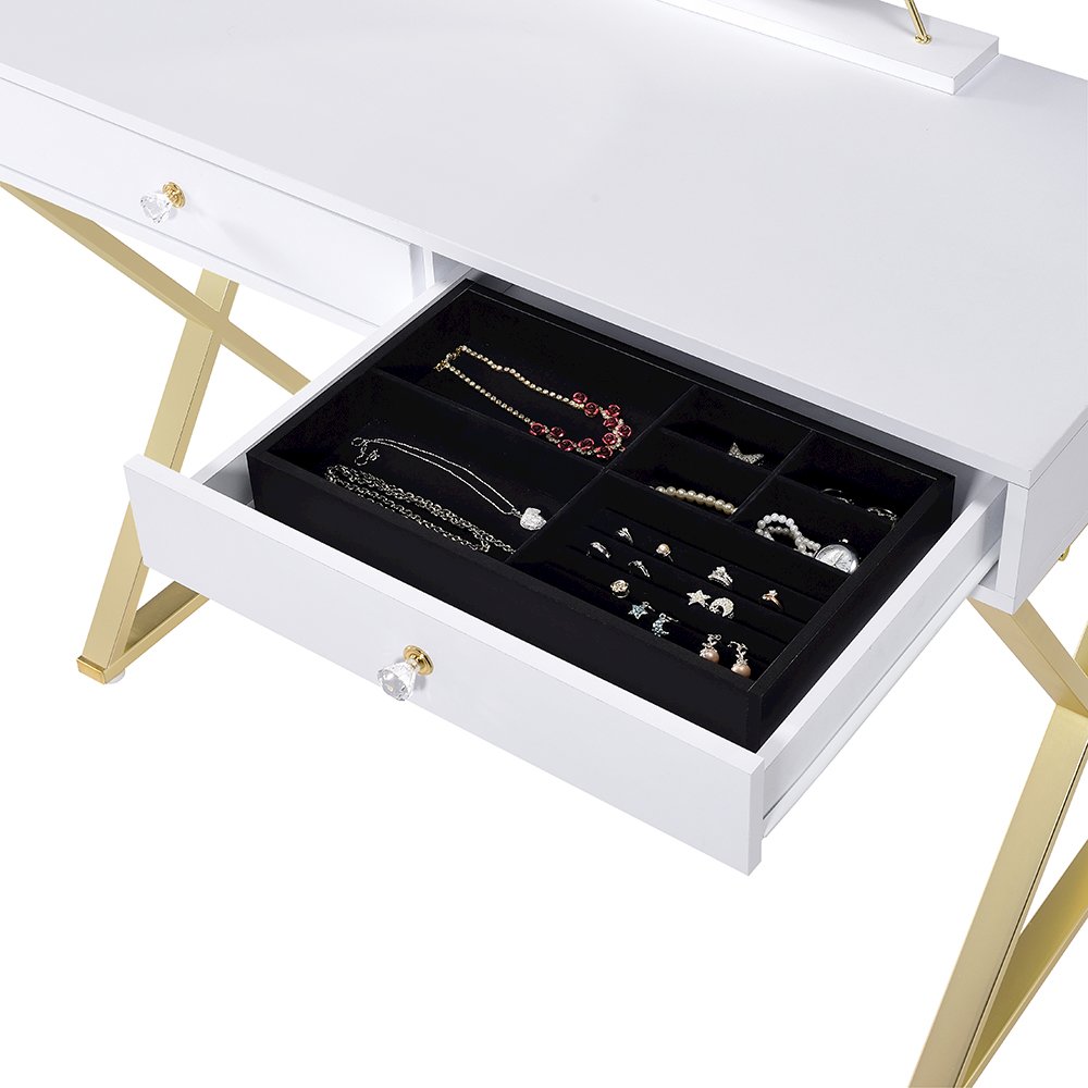 Coleen Vanity Desk w/Mirror & Jewelry Tray White & Gold. Picture 5