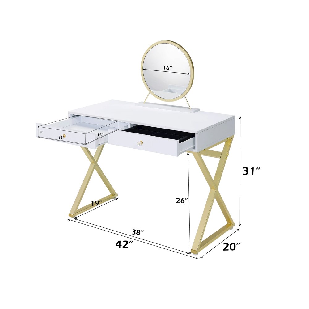 Coleen Vanity Desk w/Mirror & Jewelry Tray White & Gold. Picture 7