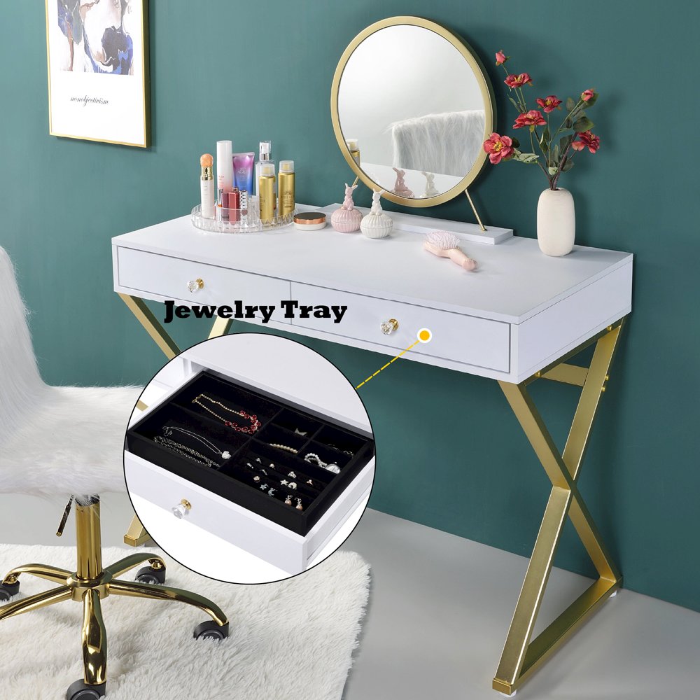 Coleen Vanity Desk w/Mirror & Jewelry Tray White & Gold. Picture 8