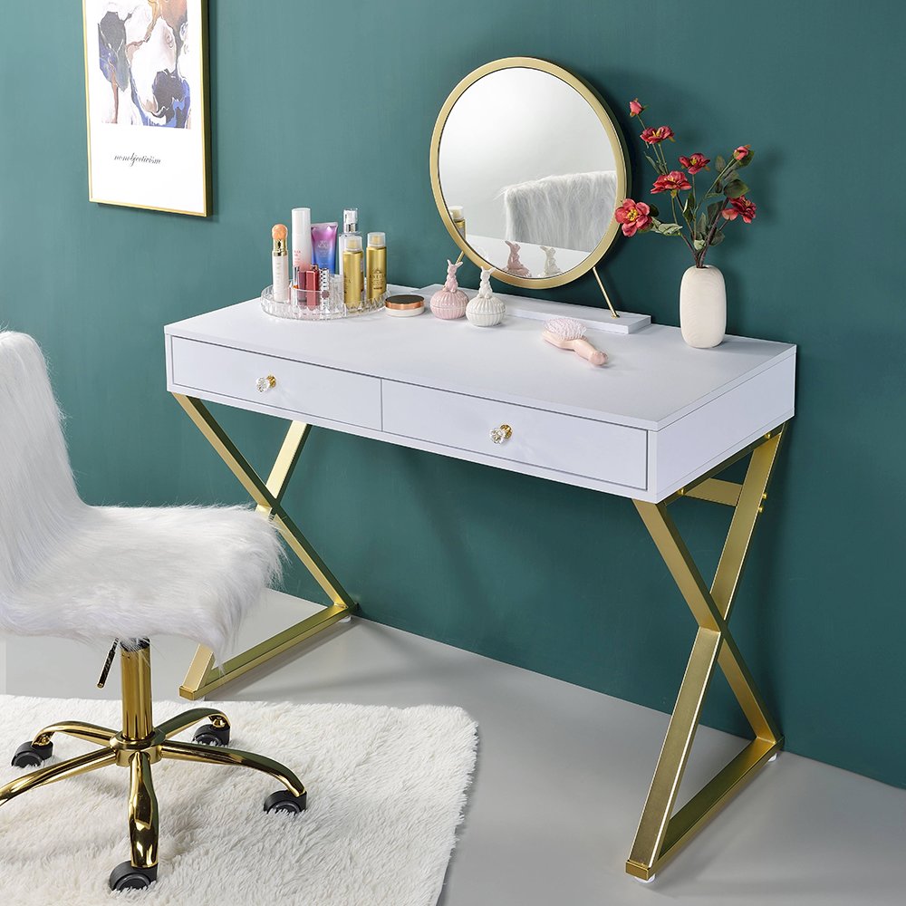 Coleen Vanity Desk w/Mirror & Jewelry Tray White & Gold. Picture 6