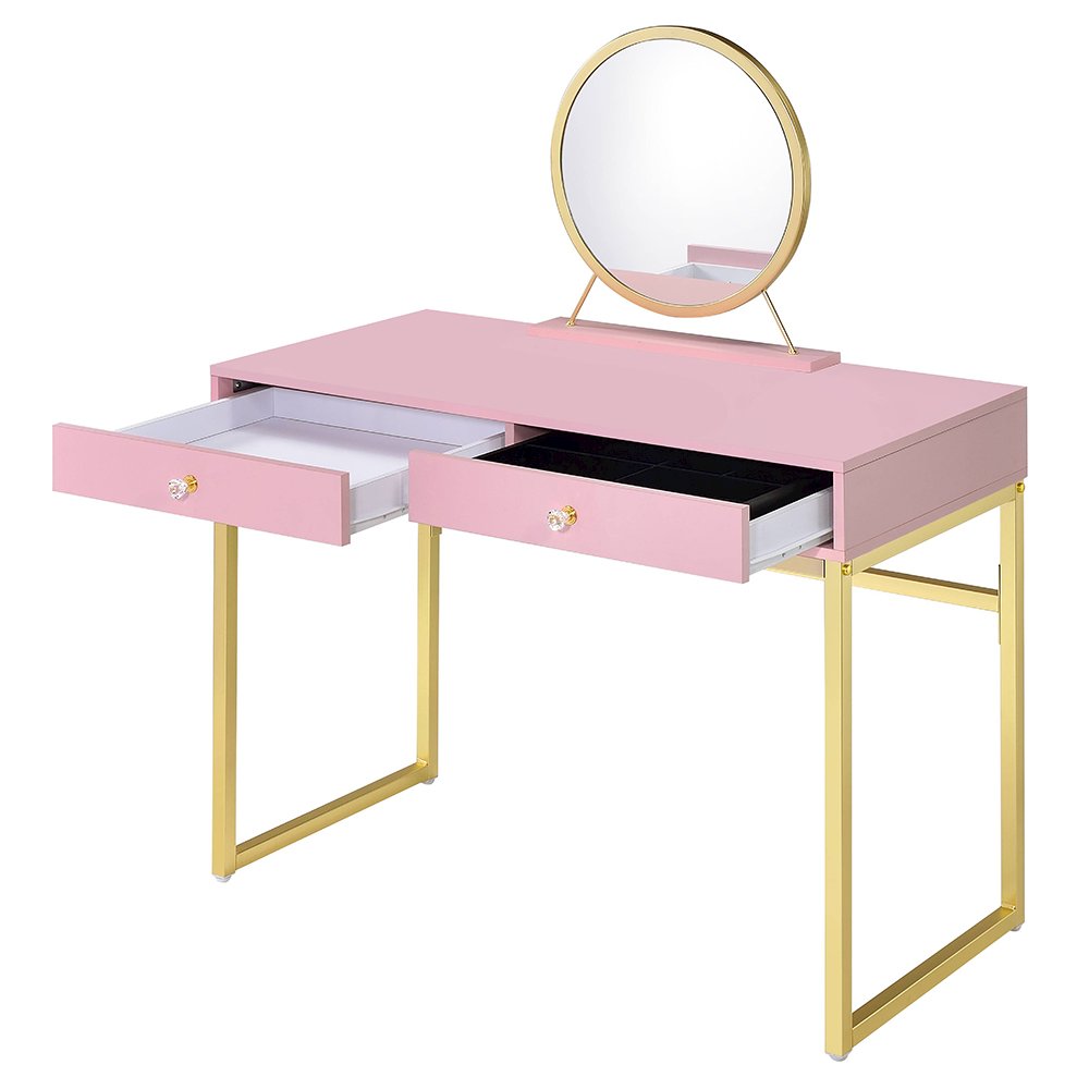 Coleen Vanity Desk w/Mirror & Jewelry Tray Pink & Gold. Picture 4