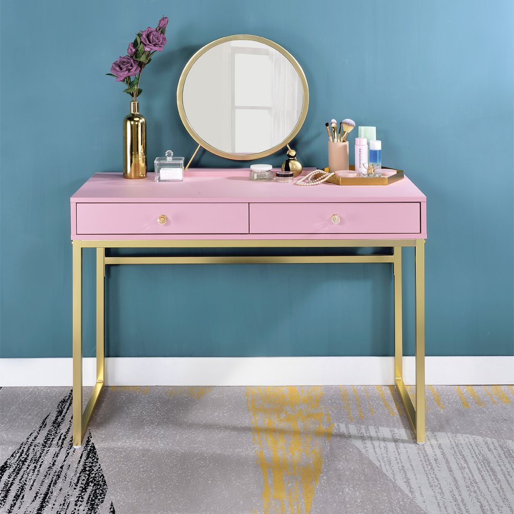 Coleen Vanity Desk w/Mirror & Jewelry Tray Pink & Gold. Picture 1