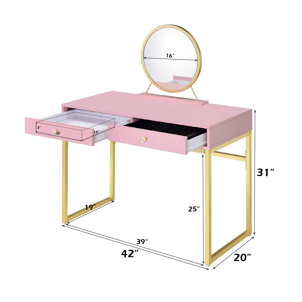 Coleen Vanity Desk w/Mirror & Jewelry Tray Pink & Gold. Picture 7