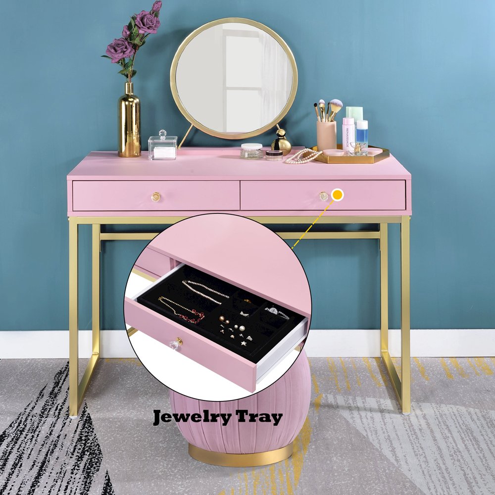 Coleen Vanity Desk w/Mirror & Jewelry Tray Pink & Gold. Picture 8