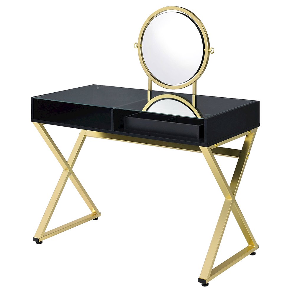 Coleen Vanity Desk w/Mirror & Jewelry Tray Black & Gold. Picture 2