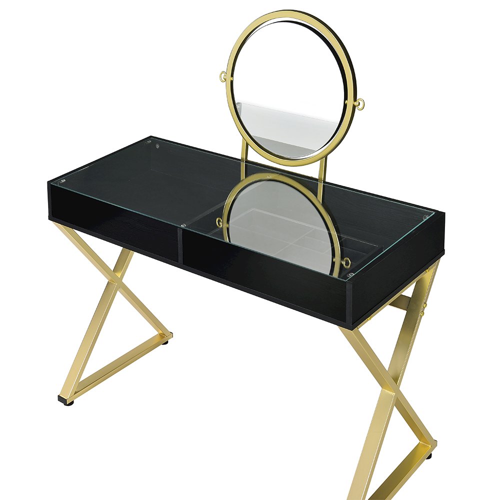 Coleen Vanity Desk w/Mirror & Jewelry Tray Black & Gold. Picture 4