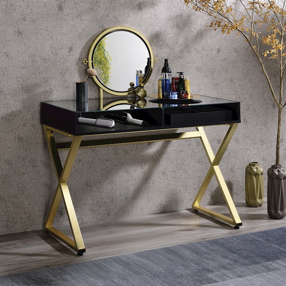 Coleen Vanity Desk w/Mirror & Jewelry Tray Black & Gold. Picture 1